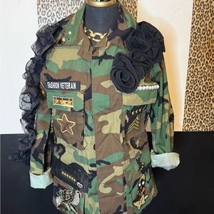 Camouflage Military Jacket with Black Floral Accents